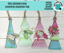 Load image into Gallery viewer, Tree Greenery Bow Christmas Ornament File SVG, Craft, Kids, Santa, Farmhouse, Tag, Personalized, Rustic, Glowforge, LuckyHeartDesignsCo
