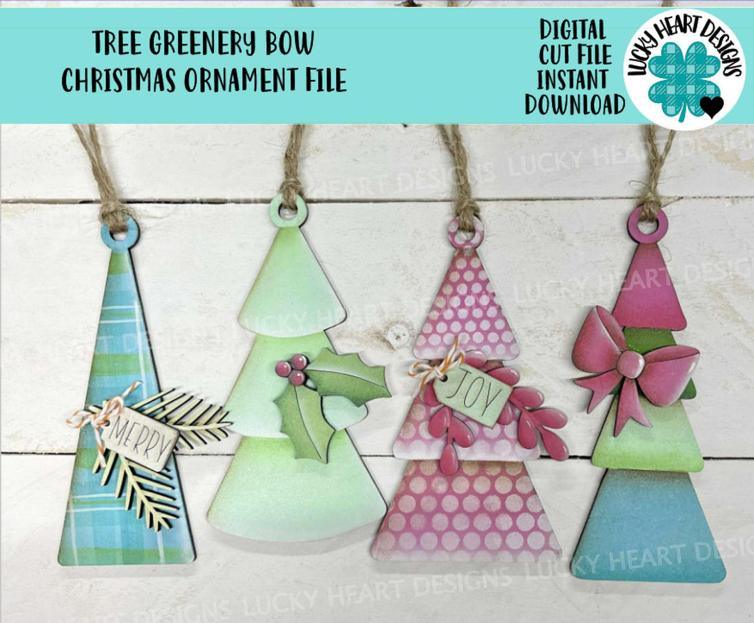 Tree Greenery Bow Christmas Ornament File SVG, Craft, Kids, Santa, Farmhouse, Tag, Personalized, Rustic, Glowforge, LuckyHeartDesignsCo