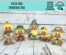 Load image into Gallery viewer, Duck Fall Standing File SVG, Scarecrow, Pumpkin, Leaves, Autumn, Farm, Sweater Weather, Tiered Tray Glowforge, LuckyHeartDesignsCo
