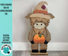 Load image into Gallery viewer, Porch Highland Fall Interchangeable Hats File SVG, (hat only) Seasonal, Cow Holiday, Pumpkin, Scarecrow Farm, Glowforge, LuckyHeartDesignsCo
