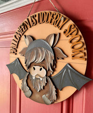 Load image into Gallery viewer, Halloween Highland Bat Door Hanger File SVG, Farm Glowforge, Dracula, Trick or Treat, Sign, Witch, LuckyHeartDesignsCo
