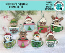 Load image into Gallery viewer, Mug Friends Christmas Ornament File SVG, Santa, Rudolph, Elf, Moose, Penguin, Snowman, Gingerbread, Stocking Glowforge, LuckyHeartDesignsCo
