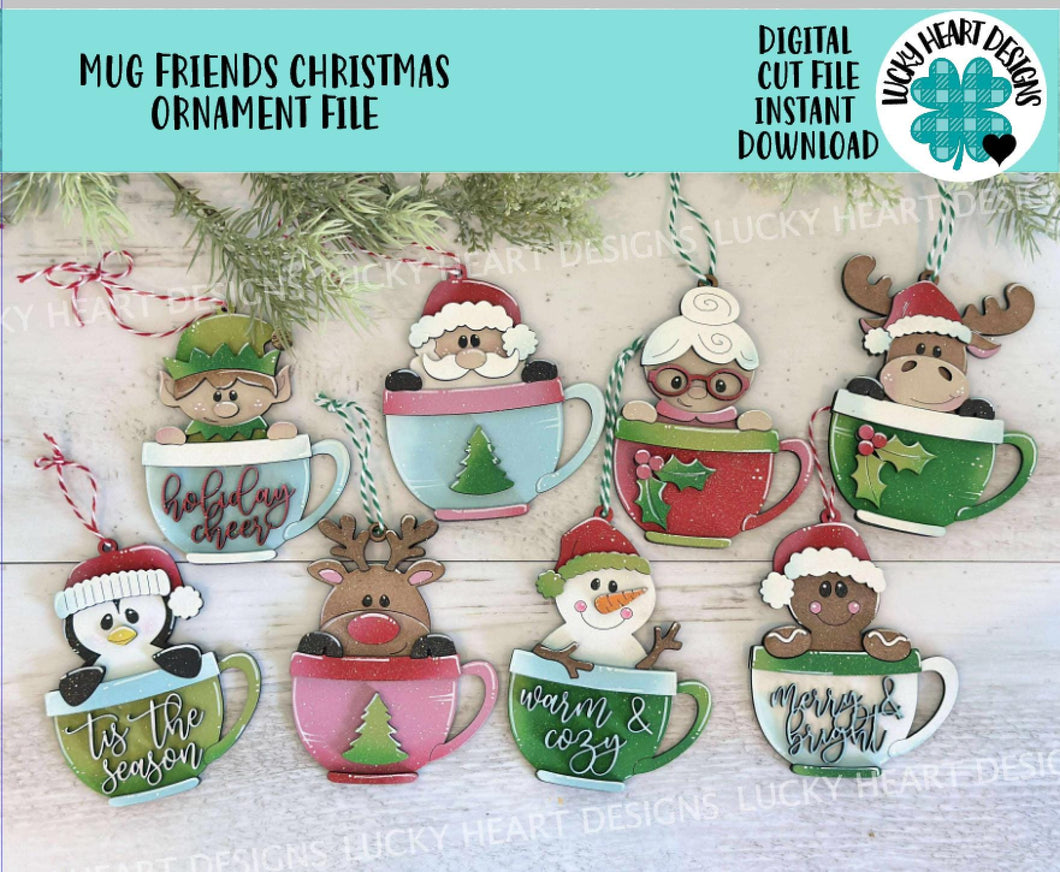 Mug Friends Christmas Ornament File SVG, Santa, Rudolph, Elf, Moose, Penguin, Snowman, Gingerbread, Stocking Glowforge, LuckyHeartDesignsCo