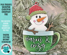 Load image into Gallery viewer, Mug Friends Snowman Christmas Ornament File SVG, Santa, Winter, Cocoa, Coffee, Cup, Frosty, Glowforge, LuckyHeartDesignsCo
