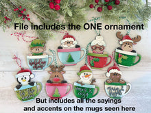 Load image into Gallery viewer, Mug Friends Reindeer Christmas Ornament File SVG, Santa, Winter, Cocoa, Coffee, Cup, Rudolph, Glowforge, LuckyHeartDesignsCo
