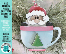Load image into Gallery viewer, Mug Friends Santa Christmas Ornament File SVG, Santa, Winter, Cocoa, Coffee, Cup, Glowforge, LuckyHeartDesignsCo
