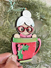 Load image into Gallery viewer, Mug Friends Mrs. Claus Christmas Ornament File SVG, Santa, Winter, Cocoa, Coffee, Cup, Glowforge, LuckyHeartDesignsCo
