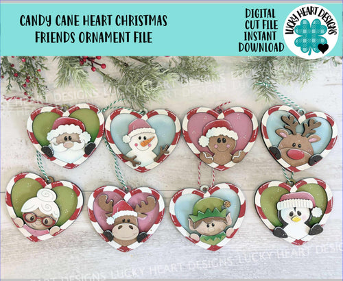 Candy Cane Heart Christmas Ornament Friends File SVG, Santa, Rudolph, Elf, Moose, Penguin Snowman Gingerbread Glowforge, LuckyHeartDesignsCo