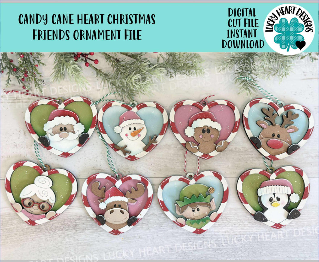 Candy Cane Heart Christmas Ornament Friends File SVG, Santa, Rudolph, Elf, Moose, Penguin Snowman Gingerbread Glowforge, LuckyHeartDesignsCo