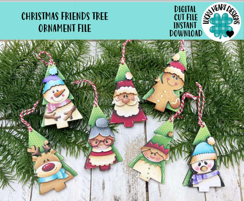Christmas Friends Tree Ornament File SVG, Santa, Rudolph, Elf, Penguin, Claus, Snowman, Gingerbread, Stocking Glowforge, LuckyHeartDesignsCo
