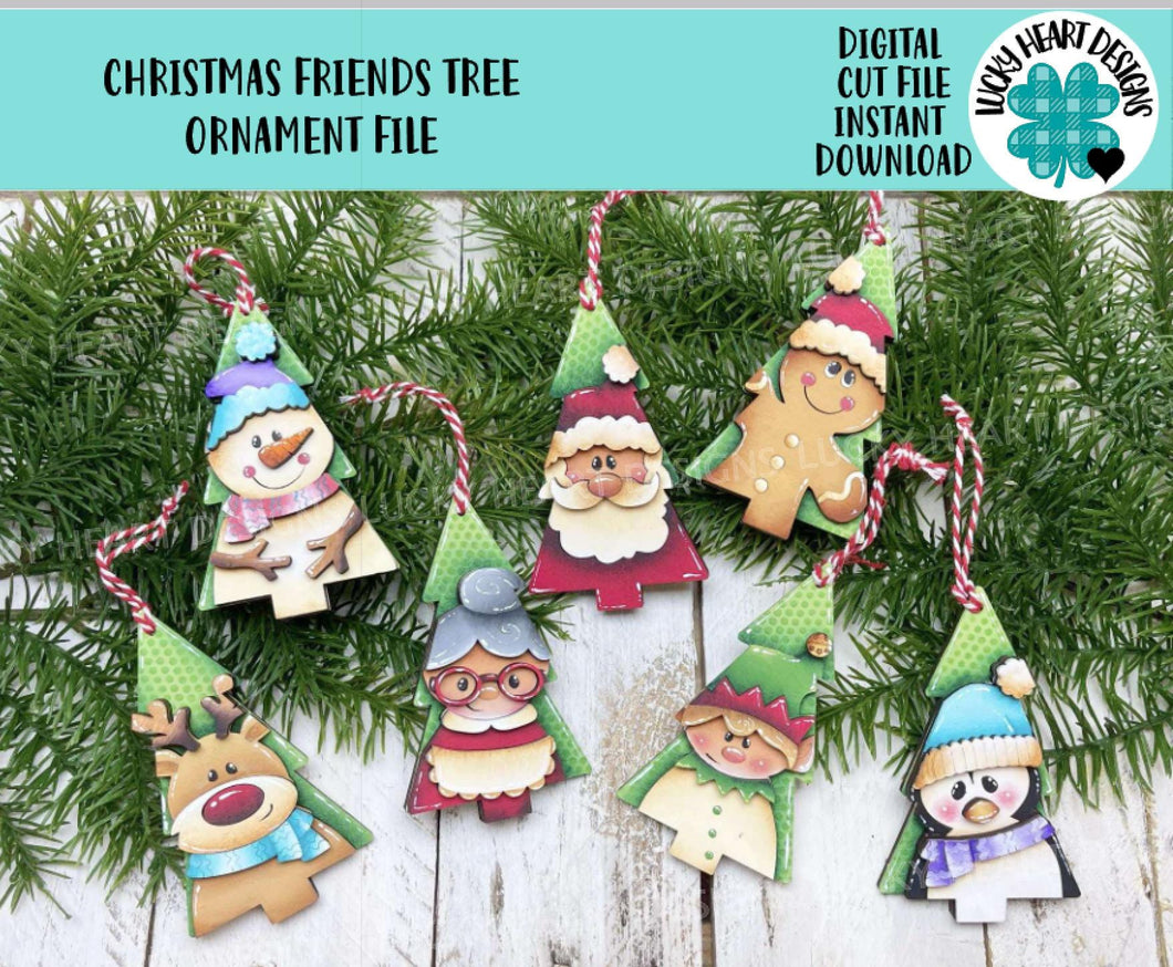 Christmas Friends Tree Ornament File SVG, Santa, Rudolph, Elf, Penguin, Claus, Snowman, Gingerbread, Stocking Glowforge, LuckyHeartDesignsCo