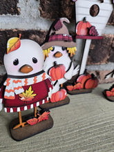 Load image into Gallery viewer, Fall Bird Standing File SVG, Glowforge, Pumpkin, Farm, Sweater, Leaves, Birdhouse, Tweet, Tiered Tray, Birdhouse, LuckyHeartDesignsCo

