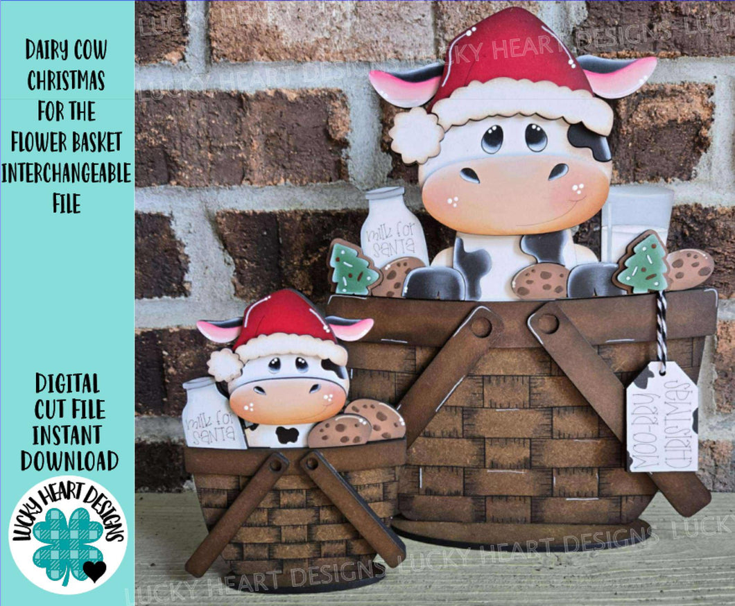 Dairy Cow Christmas For The Flower Basket Interchangeable File SVG (Original and TINY) Santa Milk Cookies Farm Glowforge LuckyHeartDesignsCo