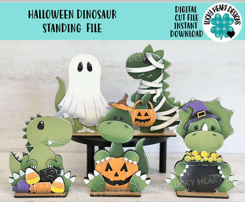 Halloween Dinosaur Standing File SVG, Pumpkin, Witch, Jack-o-lantern, Ghost, Mummy, Candy, Tiered Tray Glowforge, LuckyHeartDesignsCo
