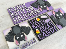 Load image into Gallery viewer, Bat Halloween Interchangeable Leaning Sign File SVG, Glowforge Tiered Tray, Candy, Boo, Trick or Treat, LuckyHeartDesignsCo
