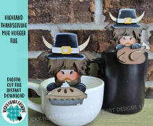 Load image into Gallery viewer, Highland Thanksgiving Mug Hugger File SVG, Glowforge Tiered Tray Decor Holiday Pie, Turkey, Plant Hugger Trick or Treat, LuckyHeartDesignsCo

