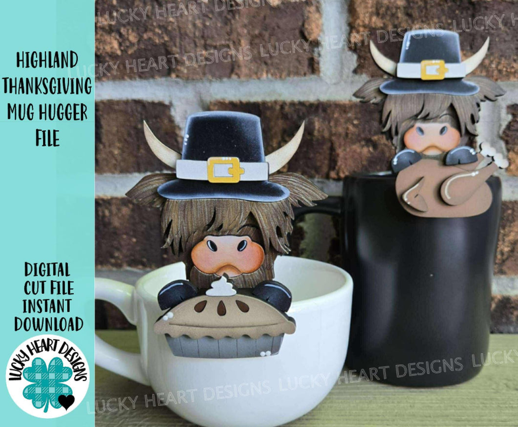 Highland Thanksgiving Mug Hugger File SVG, Glowforge Tiered Tray Decor Holiday Pie, Turkey, Plant Hugger Trick or Treat, LuckyHeartDesignsCo