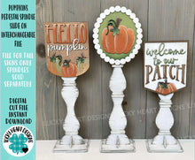 Load image into Gallery viewer, Pumpkin Pedestal Spindle Slide On Seasonal Set Interchangeable File SVG, Home Sign, Fall Decor Glowforge, LuckyHeartDesignsCo
