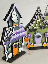 Load image into Gallery viewer, Halloween Candy Standing Houses File SVG, Haunted, Gingerbread, Candy Corn, Bat, Ghost, Tiered Tray, Glowforge, LuckyHeartDesignsCo
