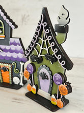 Load image into Gallery viewer, Halloween Candy Standing Houses File SVG, Haunted, Gingerbread, Candy Corn, Bat, Ghost, Tiered Tray, Glowforge, LuckyHeartDesignsCo
