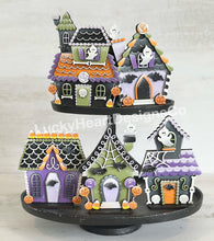 Load image into Gallery viewer, Halloween Candy Standing Houses File SVG, Haunted, Gingerbread, Candy Corn, Bat, Ghost, Tiered Tray, Glowforge, LuckyHeartDesignsCo
