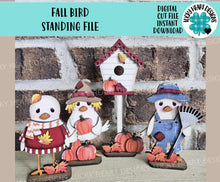 Load image into Gallery viewer, Fall Bird Standing File SVG, Glowforge, Pumpkin, Farm, Sweater, Leaves, Birdhouse, Tweet, Tiered Tray, Birdhouse, LuckyHeartDesignsCo
