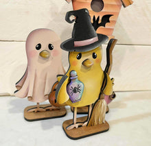 Load image into Gallery viewer, Halloween Bird Standing File SVG, Glowforge, Pumpkin, Ghost, Witch, Bat, Birdhouse, Tweet, Tiered Tray, Birdhouse, LuckyHeartDesignsCo
