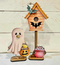 Load image into Gallery viewer, Halloween Bird Standing File SVG, Glowforge, Pumpkin, Ghost, Witch, Bat, Birdhouse, Tweet, Tiered Tray, Birdhouse, LuckyHeartDesignsCo
