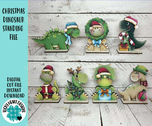 Christmas Dinosaur Standing File SVG, Glowforge Candy Cane, T-Rex, Triceratops, Reindeer, Rudolph, Santa, Tiered Tray, LuckyHeartDesignsCo