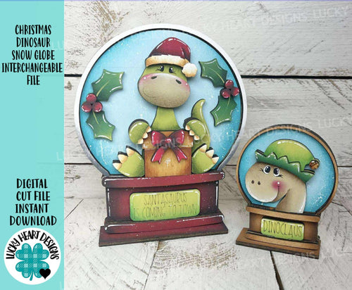 Christmas Dinosaur Snow Globe Interchangeable File SVG, TINY, Glowforge, Santa, T-Rex, Brachiosaurus Tiered Tray LuckyHeartDesignsCo