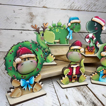 Load image into Gallery viewer, Christmas Dinosaur Standing File SVG, Glowforge Candy Cane, T-Rex, Triceratops, Reindeer, Rudolph, Santa, Tiered Tray, LuckyHeartDesignsCo
