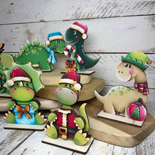 Load image into Gallery viewer, Christmas Dinosaur Standing File SVG, Glowforge Candy Cane, T-Rex, Triceratops, Reindeer, Rudolph, Santa, Tiered Tray, LuckyHeartDesignsCo
