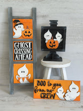 Load image into Gallery viewer, Cute Ghost Interchangeable Leaning Sign File SVG, Glowforge Tiered Tray, Halloween, Boo, Trick or Treat, LuckyHeartDesignsCo
