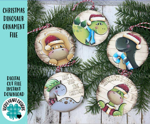 Christmas Dinosaur Ornament File SVG, Glowforge, T-rex, Triceratops, Brachiosaurus, Santa, Elf, Dino, LuckyHeartDesignsCo