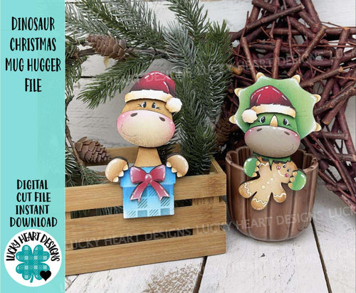 Dinosaur Christmas Mug Hugger File SVG, Glowforge Tiered Tray, Santa, Triceratops, Dino, Tray Decor, Holiday, Topper, LuckyHeartDesignsCo