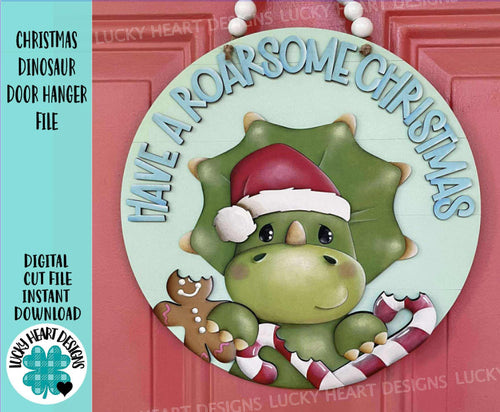 Christmas Dinosaur Door Hanger File SVG, Glowforge Triceratop, Santa, Gingerbread, Candy Cane, Rudolph, Christmas, LuckyHeartDesignsCo