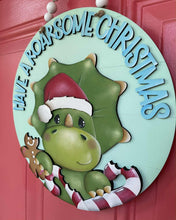 Load image into Gallery viewer, Christmas Dinosaur Door Hanger File SVG, Glowforge Triceratop, Santa, Gingerbread, Candy Cane, Rudolph, Christmas, LuckyHeartDesignsCo
