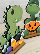 Load image into Gallery viewer, Halloween Dinosaur Standing File SVG, Pumpkin, Witch, Jack-o-lantern, Ghost, Mummy, Candy, Tiered Tray Glowforge, LuckyHeartDesignsCo
