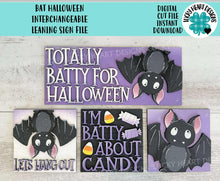 Load image into Gallery viewer, Bat Halloween Interchangeable Leaning Sign File SVG, Glowforge Tiered Tray, Candy, Boo, Trick or Treat, LuckyHeartDesignsCo
