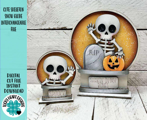Cute Skeleton Snow Globe Interchangeable File SVG, TINY Glowforge, Halloween, Skull Pumpkin, Trick Or Treat, Tiered Tray LuckyHeartDesignsCo