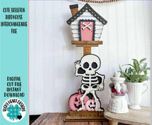 Load image into Gallery viewer, Cute Skeleton Birdhouse Interchangeable File SVG, Glowforge, Halloween, Skull, Pumpkin Trick or Treat, Holiday Shapes, LuckyHeartDesignsCo
