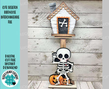 Load image into Gallery viewer, Cute Skeleton Birdhouse Interchangeable File SVG, Glowforge, Halloween, Skull, Pumpkin Trick or Treat, Holiday Shapes, LuckyHeartDesignsCo
