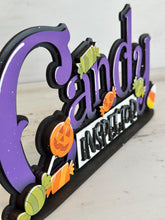 Load image into Gallery viewer, Candy Inspector Shelf Sitter Standing Sign File SVG, Fall Glowforge, Trick-or-Treat, Candy Corn, Halloween, Candy, LuckyHeartDesignsCo
