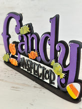 Load image into Gallery viewer, Candy Inspector Shelf Sitter Standing Sign File SVG, Fall Glowforge, Trick-or-Treat, Candy Corn, Halloween, Candy, LuckyHeartDesignsCo
