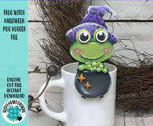 Load image into Gallery viewer, Frog Witch Halloween Mug Hugger File SVG, Glowforge Tiered Tray, Cauldron, Jack o lantern Plant Hugger Trick or Treat, LuckyHeartDesignsCo
