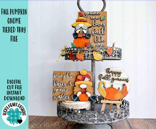 Fall Pumpkin Gnome Tiered Tray File SVG, Glowforge Farm, Leaves, Leaf, Autumn, Scarecrow, Gourd, Sign, Decor, LuckyHeartDesignsCo