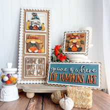 Load image into Gallery viewer, Fall Pumpkin Gnome Interchangeable Leaning Sign File SVG, Tiered Tray Farm, Gourd, Leaves, Leaf, Autumn, Glowforge, LuckyHeartDesignsCo
