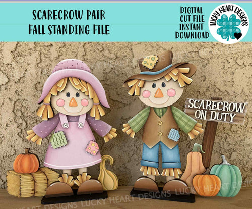 Scarecrow Pair Fall Standing File SVG, Glowforge Pumpkin Farm, Girl, Boy, Autumn, Gourd, Decor, Tiered Tray, LuckyHeartDesignsCo