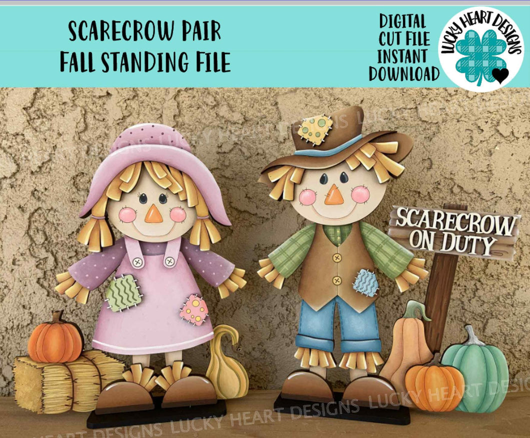 Scarecrow Pair Fall Standing File SVG, Glowforge Pumpkin Farm, Girl, Boy, Autumn, Gourd, Decor, Tiered Tray, LuckyHeartDesignsCo
