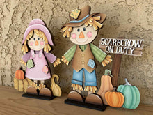 Load image into Gallery viewer, Scarecrow Pair Fall Standing File SVG, Glowforge Pumpkin Farm, Girl, Boy, Autumn, Gourd, Decor, Tiered Tray, LuckyHeartDesignsCo
